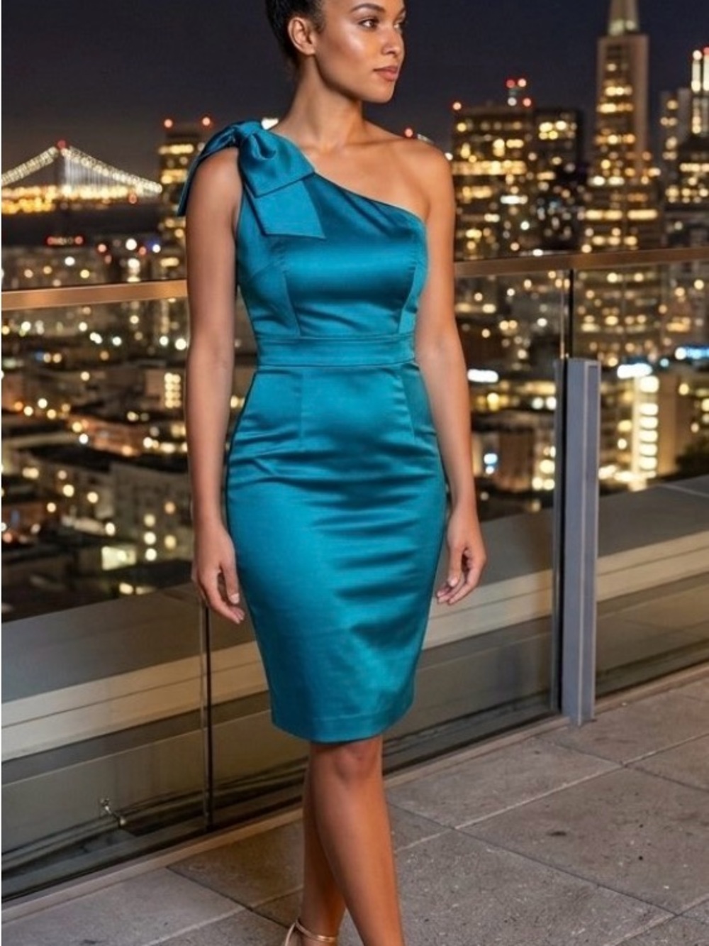 Andre Oliver Teal One-Shoulder Sheath Dress with Bow Detail